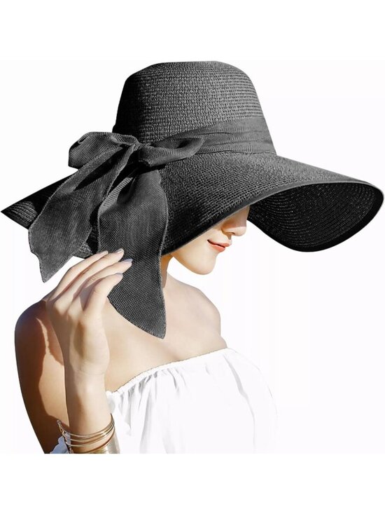 Women\'s Black 5.7 Inches Big Bowknot Straw Hat Large Floppy Foldable Cap
